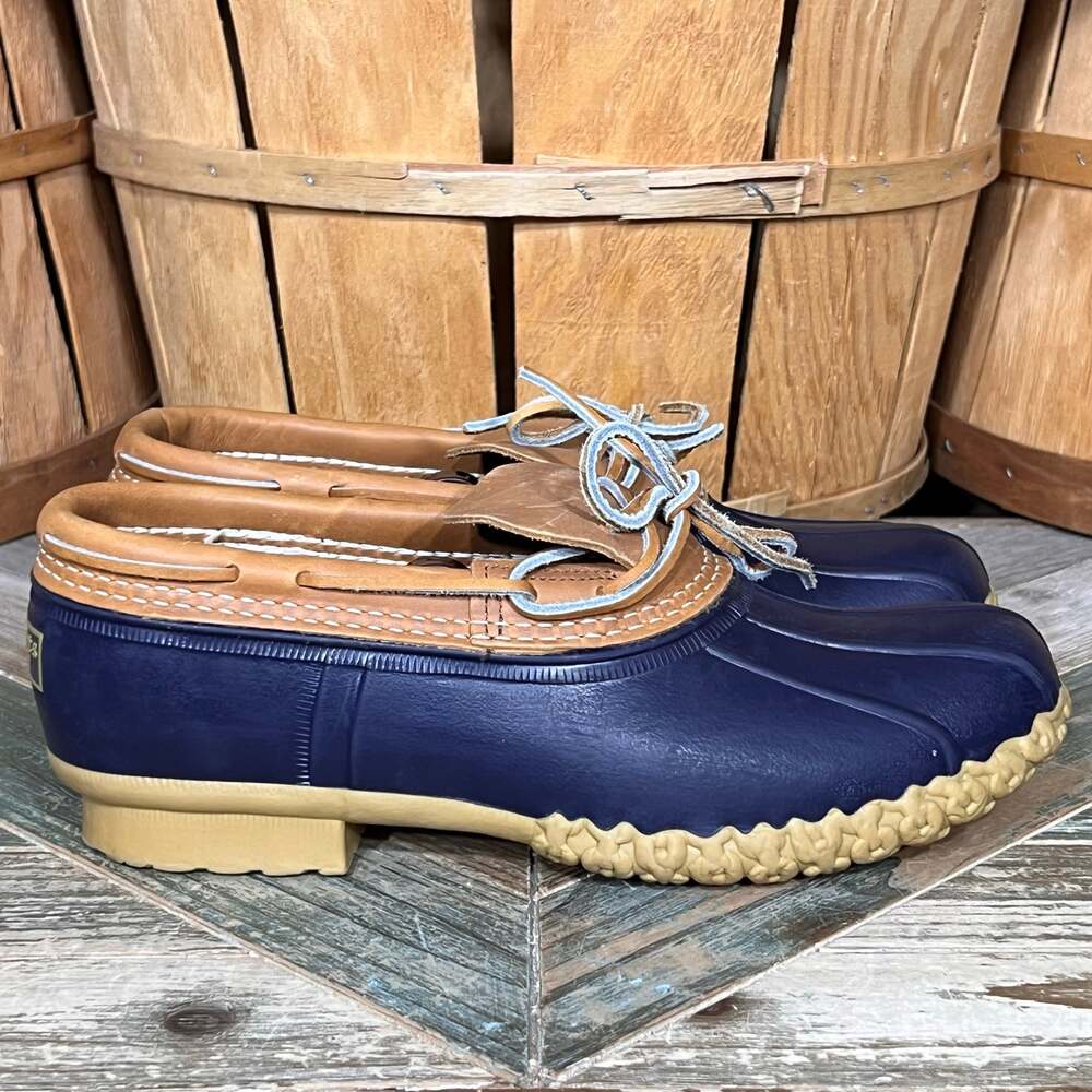 L.L. Bean Navy Tan Leather Rubber Mocs USA Waterproof Bean Booties Women Size 10